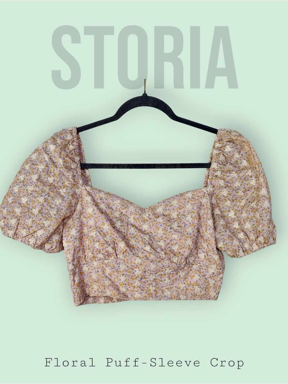 Storia Ditsy Floral Puff Sleeve Crop Top Blush Pink Sweetheart Neck - Medium